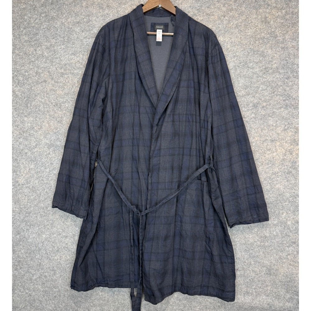 Hanro of Switzerland Robe Mens 2XL Navy Blue Woven Cotton Luxury Gown Plaid